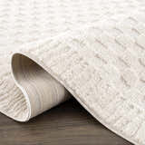 Close-up of the Leryn Ivory Checkered Area Rug showing its soft texture and geometric checkered pattern on a wood floor. Fold