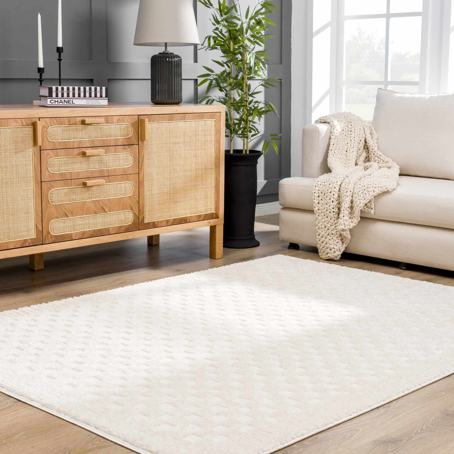 Living room scene with a Leryn Ivory Checkered Area Rug, wood cabinet, sofa, and plant. Neutral tones create a relaxing mood. Roomscene-Rectangle