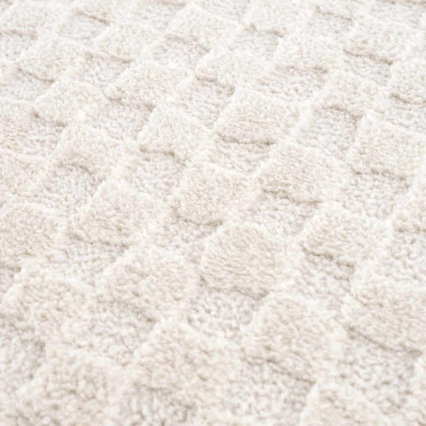 Close-up of the plush, ivory Leryn Ivory Checkered Area Rug. The rug features a textured, geometric checkered pattern. Texture