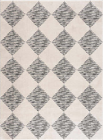 Close-up of the Fauci Diamond Checkered Area Rug. Bone rug with charcoal diamond geometric pattern. Design-Rectangle-46