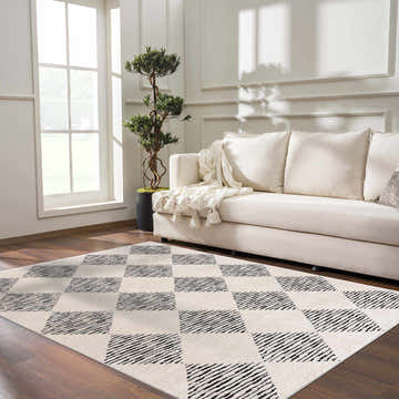 Living room scene with a Bone and Charcoal Fauci Diamond Checkered Area Rug, cream sofa, and modern decor. Roomscene-Rectangle