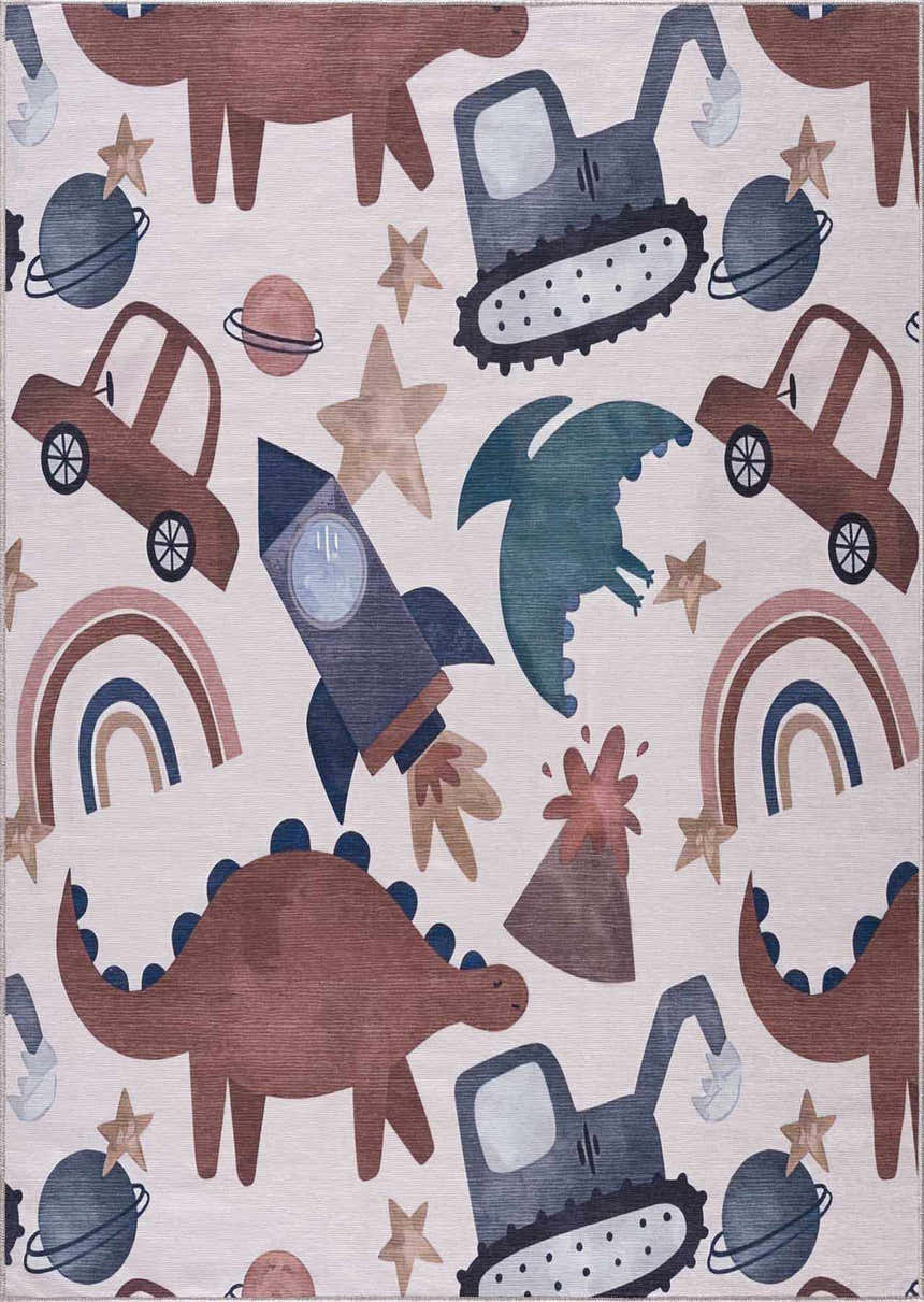 Libra Rainbow Kids Washable Area Rug with dinosaurs, cars, planets, stars, rockets, and rainbows pattern. Design-Rectangle-46