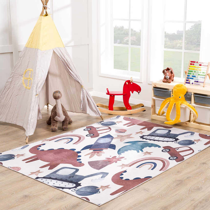 Kids room with teepee and Libra Rainbow Kids Washable Area Rug. Beige rug with dinosaurs, trucks, and rainbows. Roomscene-Rectangle
