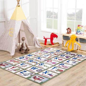 Bright kids room with teepee, toys, and Osric Colorful Alphabet Washable Kids Rug on wood floor. Roomscene-Rectangle