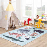 Kids room with Petey Blue Animal Print rug, teepee, and toys. Aqua rug features tiger, elephant, bear, and alligator designs. Roomscene-Rectangle