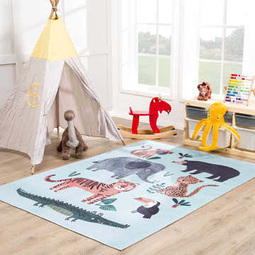 Kids room with Petey Blue Animal Print rug, teepee, and toys. Aqua rug features tiger, elephant, bear, and alligator designs. Roomscene-Rectangle