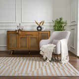 Living room scene with Webuye 3D Outdoor Area Rug in gray and brown, accent chair, and wood cabinet. Contemporary style. Roomscene-Rectangle