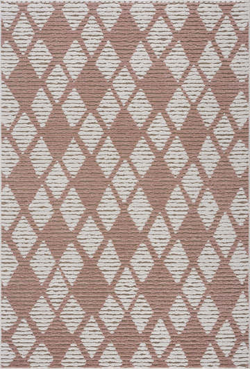 Close-up of the Indulang Area Rug. Geometric diamond pattern in bone and dusty pink. Farmhouse style rug. Design-Rectangle-5373