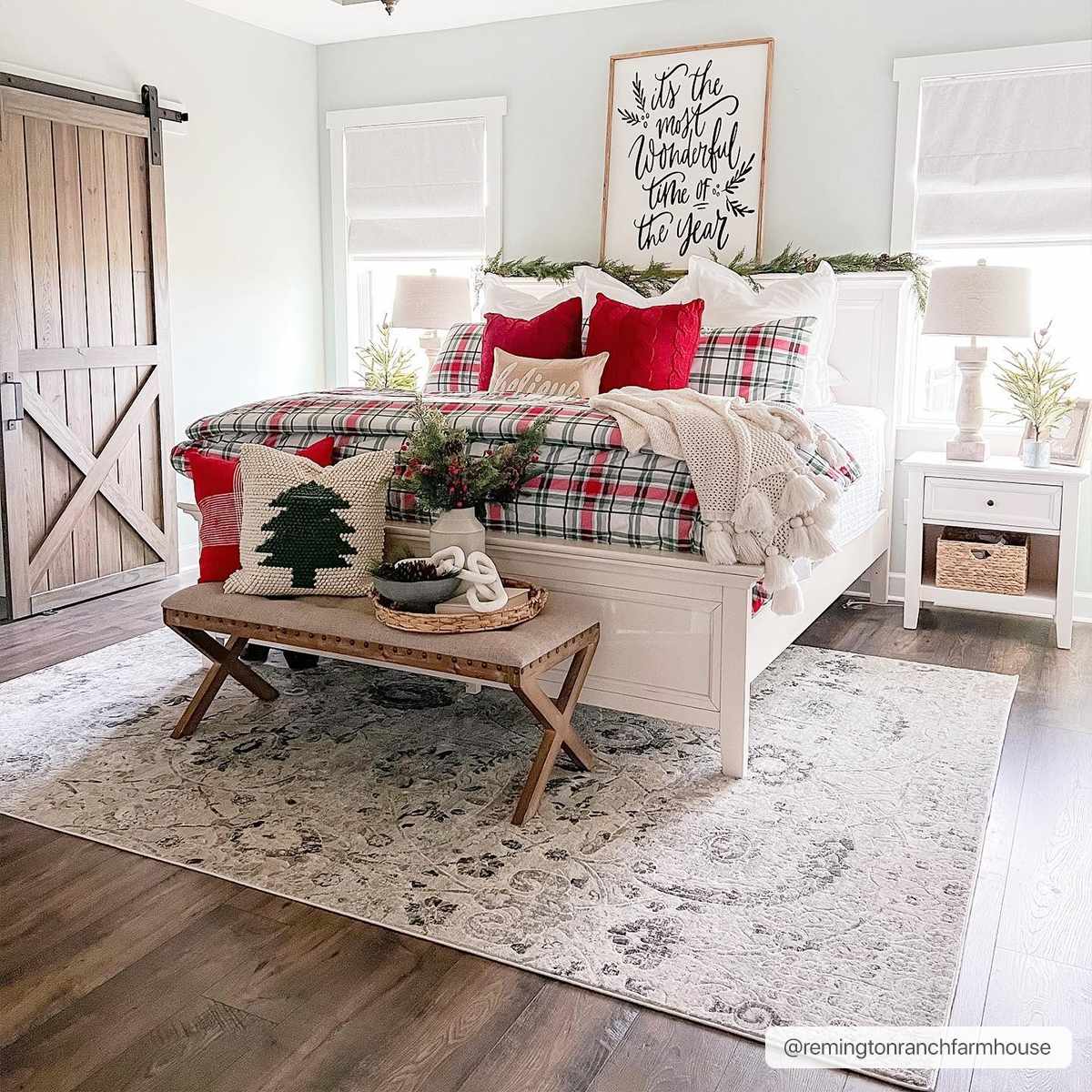 Festive bedroom scene with the beige and gray Georgiana Area Rug, white bed, and red Christmas accents. Roomscene-Rectangle