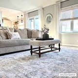 Living room scene with gray sofa and Guiwanon Area Rug in cream and gray tones, creating a farmhouse style. Roomscene-Rectangle