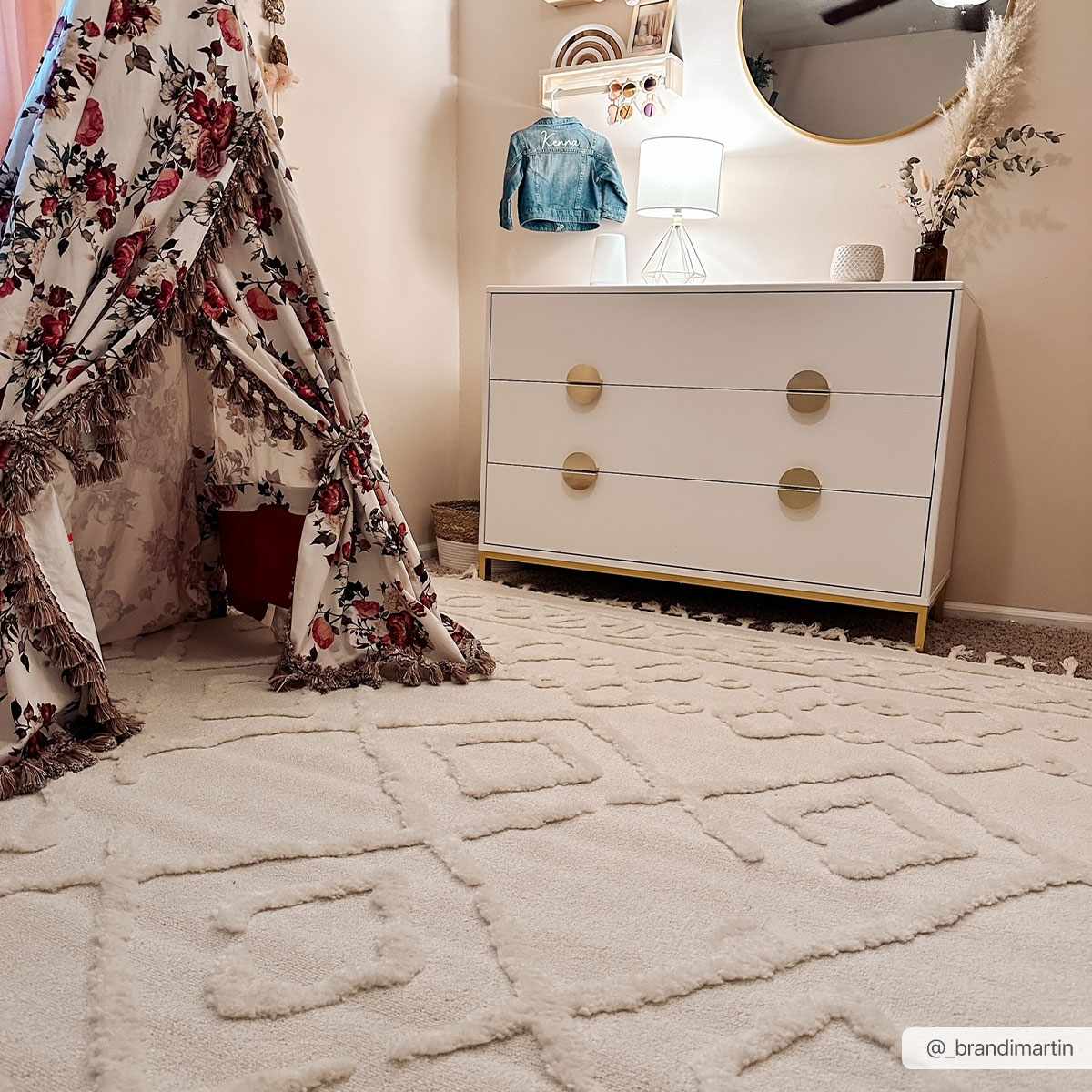 Kids room with a floral teepee and the bone-colored geometric Gyundyukoru Area Rug, dresser, and decor. Roomscene-Rectangle