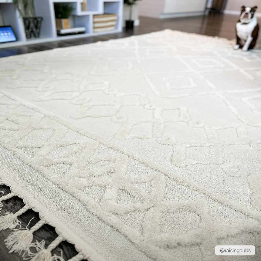 Close-up of the bone-colored Gyundyukoru Area Rug, a geometric design with tassels, on a dark wood floor. Roomscene-Rectangle