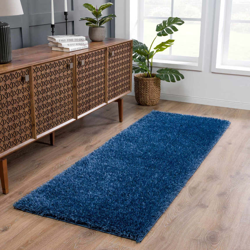 Entryway with a Faina Solid Dark Blue Shag rug, wood floors, patterned cabinet, and plants by the window. Roomscene-Runner