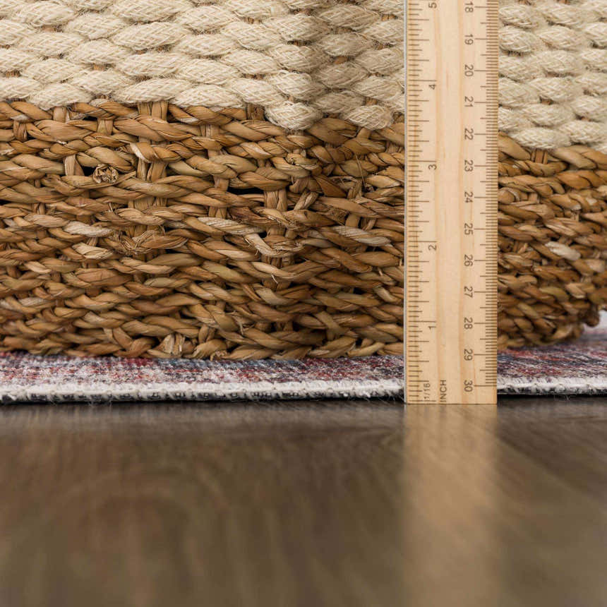 Close-up of the Blue Burgundy Holi-2302 Washable Area Rug edge, showing the rug's thickness and detailed traditional pattern. Pile
