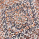 Close-up of Blue Burgundy Holi-2302 rug. Beige, burgundy, and orange hues create a vintage Persian pattern. Washable polyester texture. Texture