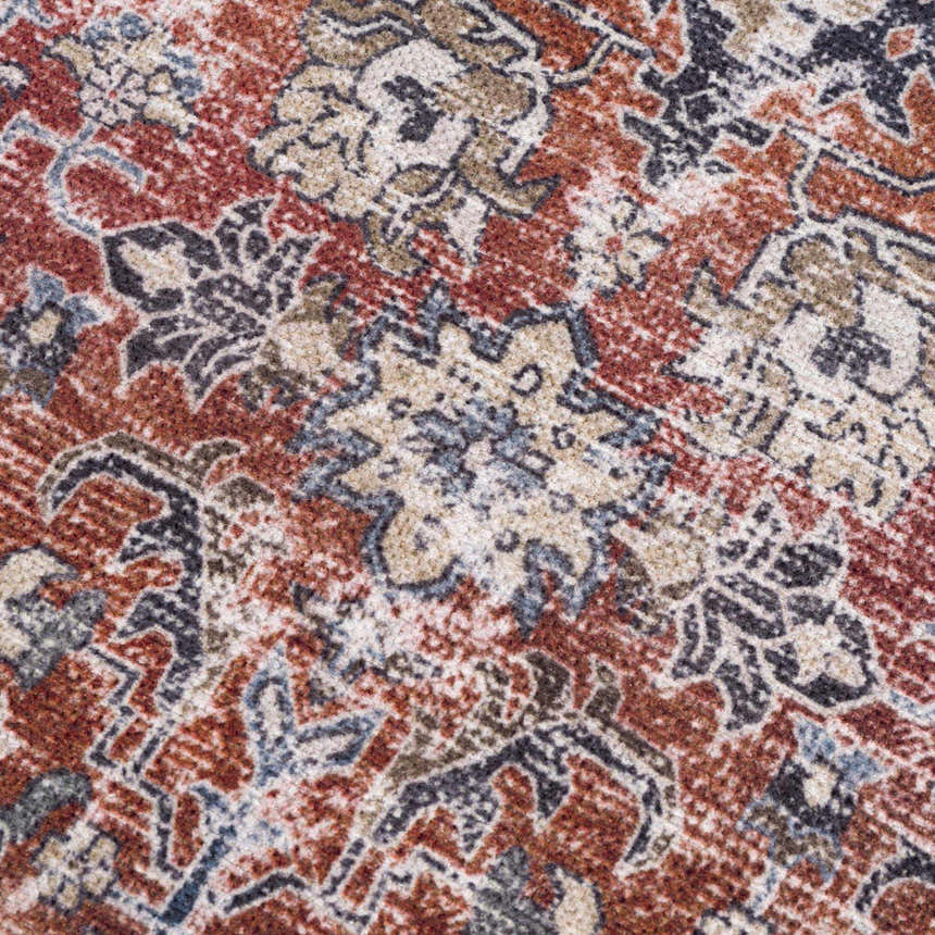 Close-up of the Burgundy Holi-2303 Washable Area Rug. Features a traditional floral pattern in burgundy, cream, and beige tones. Texture