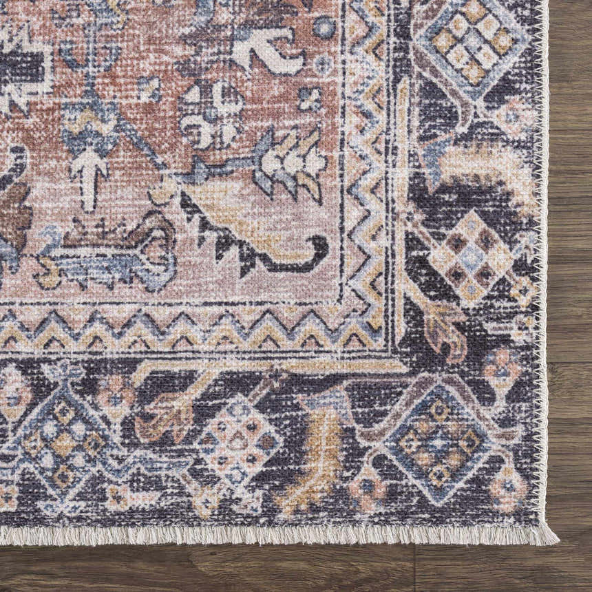 Close-up of the Holi-2305 Boutique Washable Rug. Features a traditional design with burgundy, cream, and slate colors. Swatch