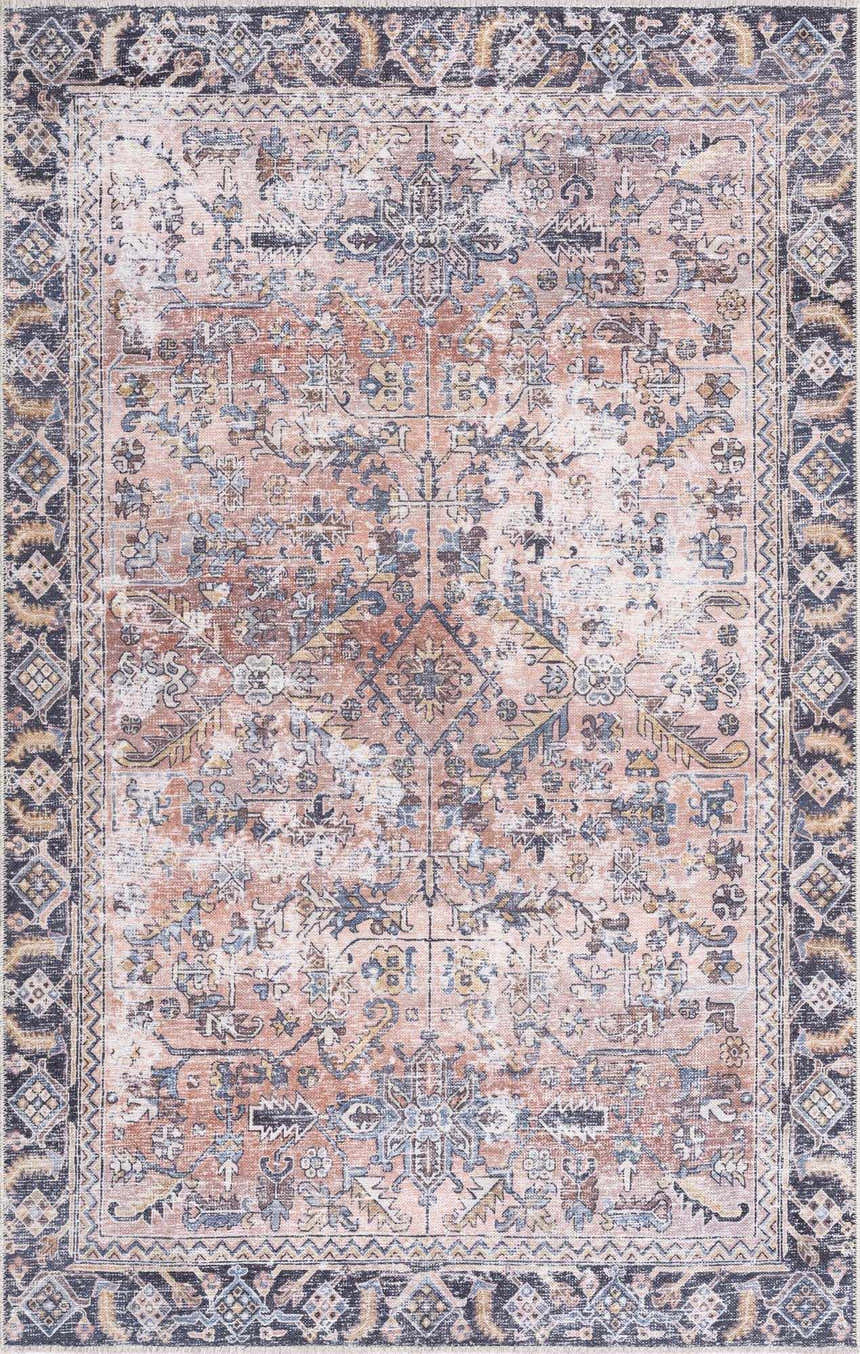 Detailed Holi-2305 Boutique Washable Rug. Vintage design with burgundy, cream, slate, and yellow tones. Traditional farmhouse style. Design-Rectangle-537