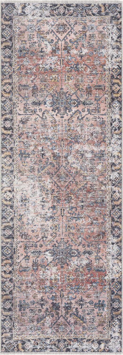 Close-up of the Holi-2305 Boutique Washable Rug, featuring a vintage-inspired design with burgundy, cream, and slate colors. Design-Runner-2773