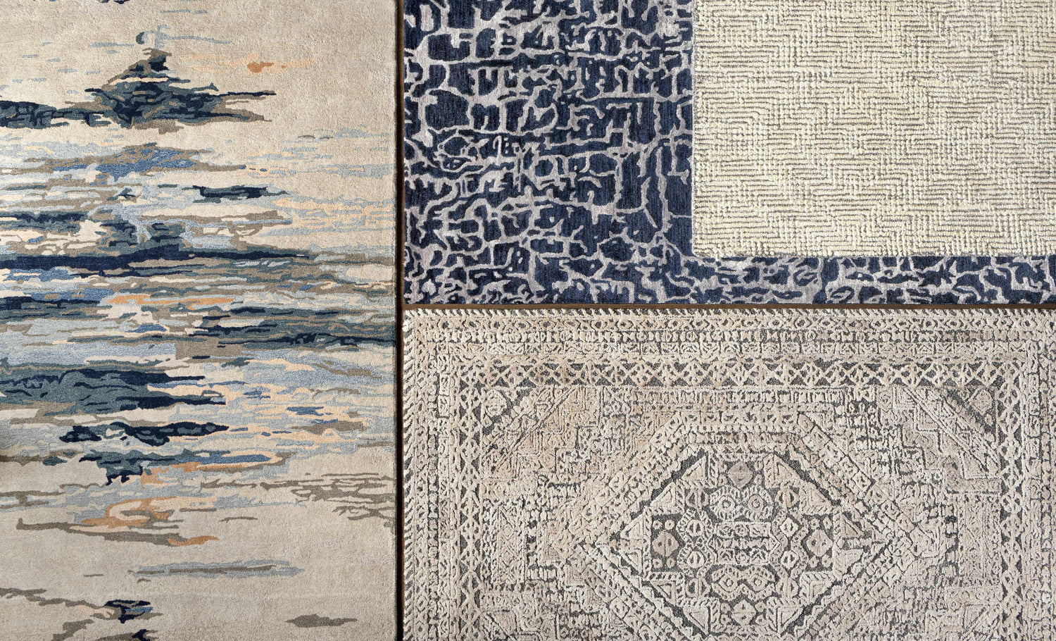 Close-up of four Delahey Area Rugs showing abstract, geometric, and traditional patterns in charcoal, cream, and tan. Styleshot