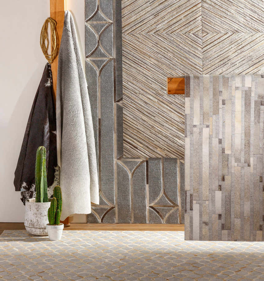 Scandinavian mudroom scene with Wauzeka Premium Area Rug, cactus plants, and textured wall art. Styleshot