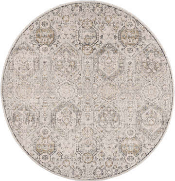 Close-up of a round Parkerfield Area Rug. Beige, black, charcoal, gray, and mustard vintage-style pattern. Design-Round-53