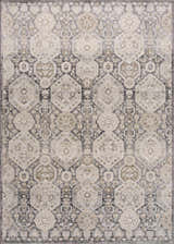 Detailed Minoa Area Rug close-up. Bohemian style rug in beige, black, charcoal, gray, mustard, and off-white. Design-Rectangle-5373