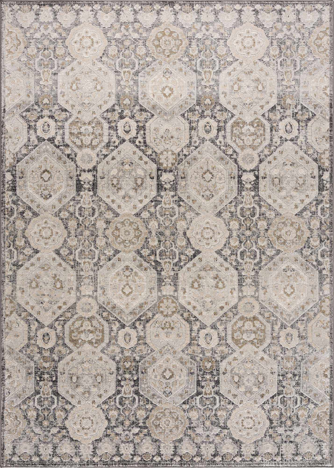 Detailed Minoa Area Rug close-up. Bohemian style rug in beige, black, charcoal, gray, mustard, and off-white. Design-Rectangle-5373