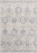 Detailed view of the Parkerfield Cream & Blue Area Rug. Features a geometric, traditional pattern in beige, navy and off-white. Design-Rectangle-5373