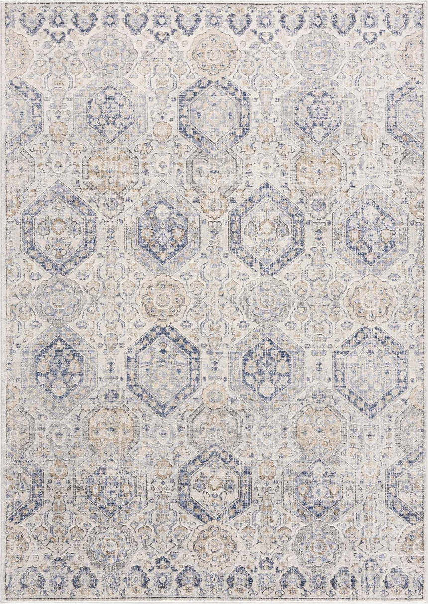 Detailed view of the Parkerfield Cream & Blue Area Rug. Features a geometric, traditional pattern in beige, navy and off-white. Design-Rectangle-5373