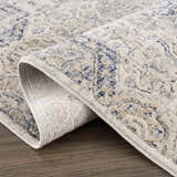 Close-up of the Parkerfield Cream & Blue Area Rug showing its traditional floral pattern and soft, neutral color palette. Fold