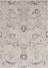 Close-up of the Georgiana Area Rug. Beige, black, charcoal, and gray floral and Persian design. Traditional style. Design-Rectangle-5373