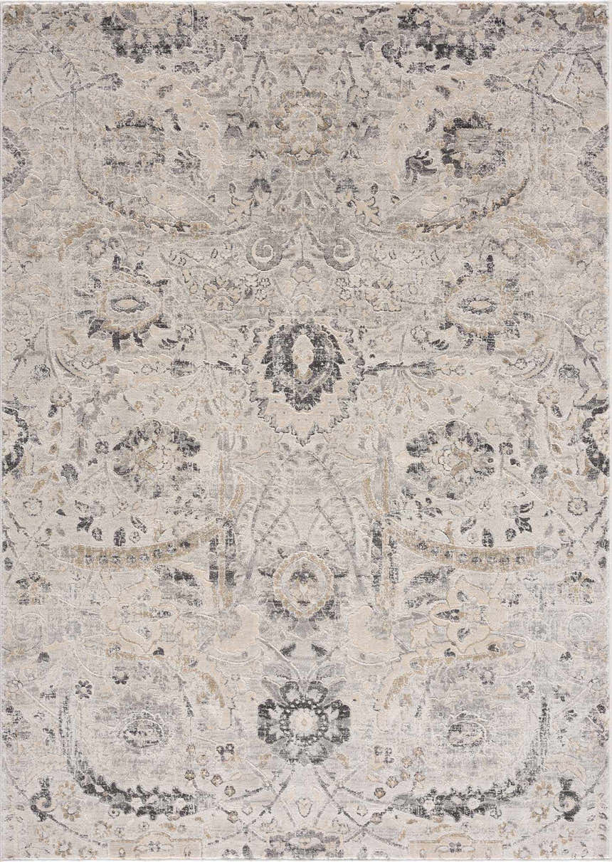 Close-up of the Georgiana Area Rug. Beige, black, charcoal, and gray floral and Persian design. Traditional style. Design-Rectangle-5373