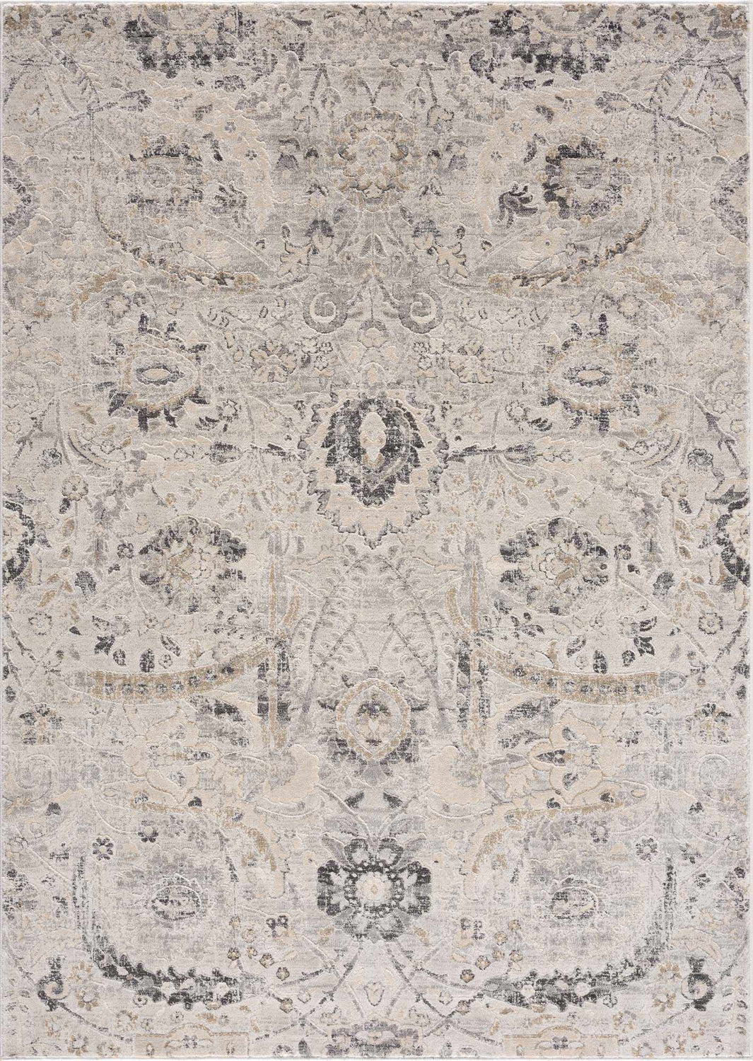 Close-up of the Georgiana Area Rug. Beige, black, charcoal, and gray floral and Persian design. Traditional style. Design-Rectangle-5373