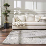 Living room scene with a neutral sofa and the beige Georgiana Area Rug on a dark wood floor. Roomscene-Rectangle