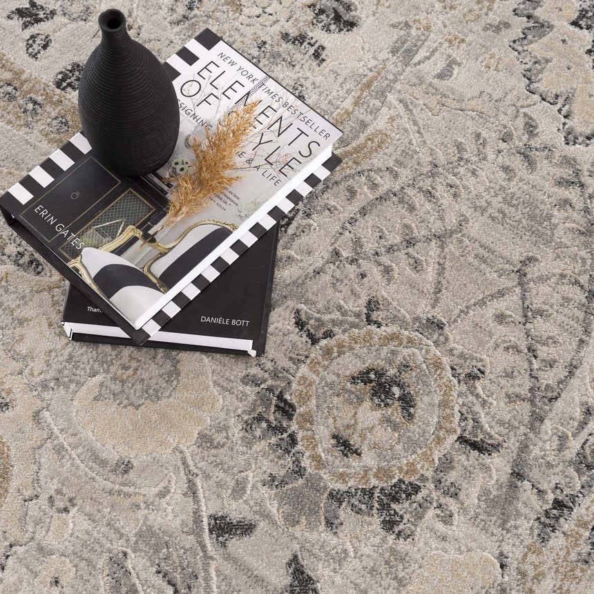 Close-up of the Georgiana Area Rug showcasing its beige, black, and gray Persian-inspired design and soft texture. Styleshot