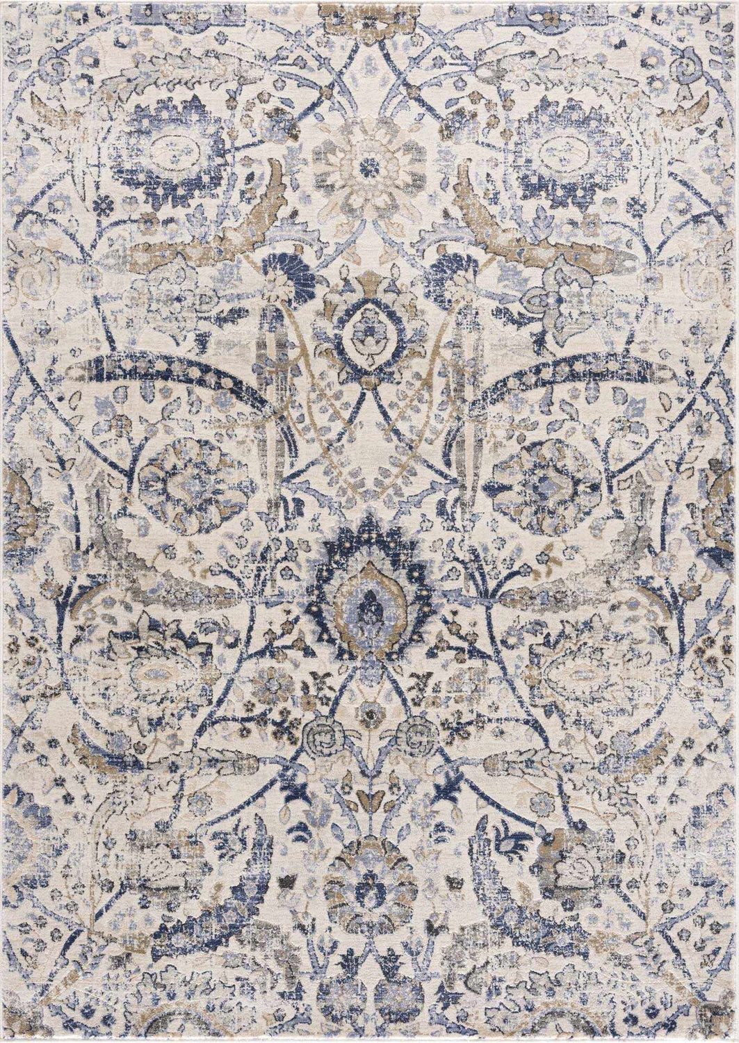 Close-up of the Georgiana Blue & Beige Oushak Rug, showcasing its traditional floral pattern and distressed texture. Design-Rectangle-5373
