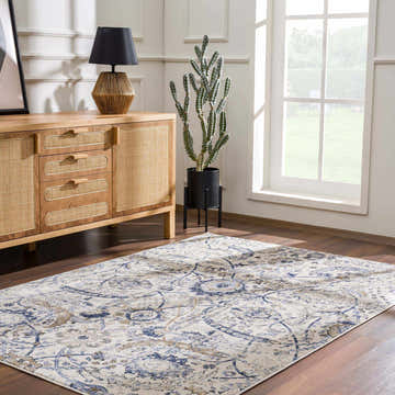 Living room scene with a Georgiana Blue & Beige Oushak Rug, wood cabinet, black lamp, and cactus near a bright window. Roomscene-Rectangle