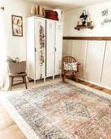 Farmhouse style room with Blue Burgundy Holi-2302 rug, white lockers, wood chair, and rustic decor. Roomscene-Rectangle