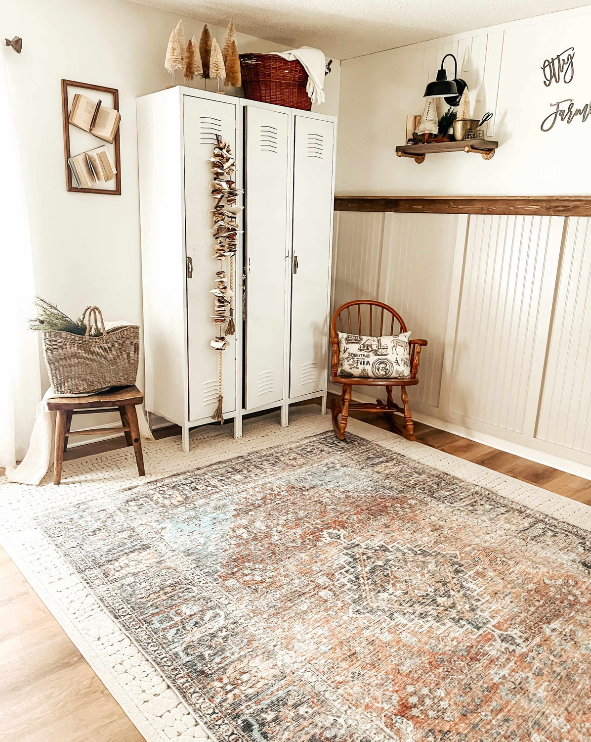 Farmhouse style room with Blue Burgundy Holi-2302 rug, white lockers, wood chair, and rustic decor. Roomscene-Rectangle