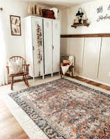 Farmhouse style room with the Holi-2305 Boutique Washable Rug, lockers, wooden chair, and neutral decor. Roomscene-Rectangle