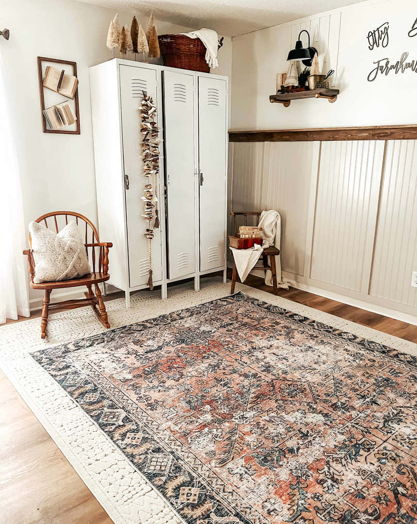 Farmhouse style room with the Holi-2305 Boutique Washable Rug, lockers, wooden chair, and neutral decor. Roomscene-Rectangle
