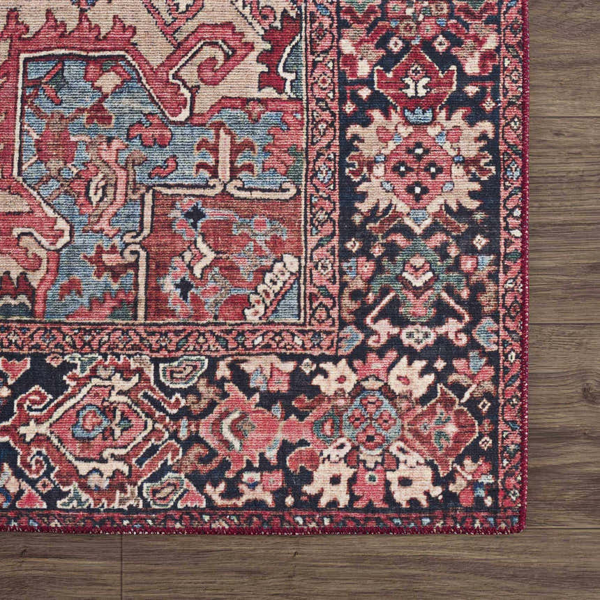Close-up of the Neyland Area Rug showing its traditional, oriental design in beige, red, and blue tones on a wood floor. Swatch