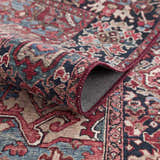 Close-up of the Neyland Area Rug, showing its traditional design, beige, red, and blue colors, and machine-woven texture. Fold