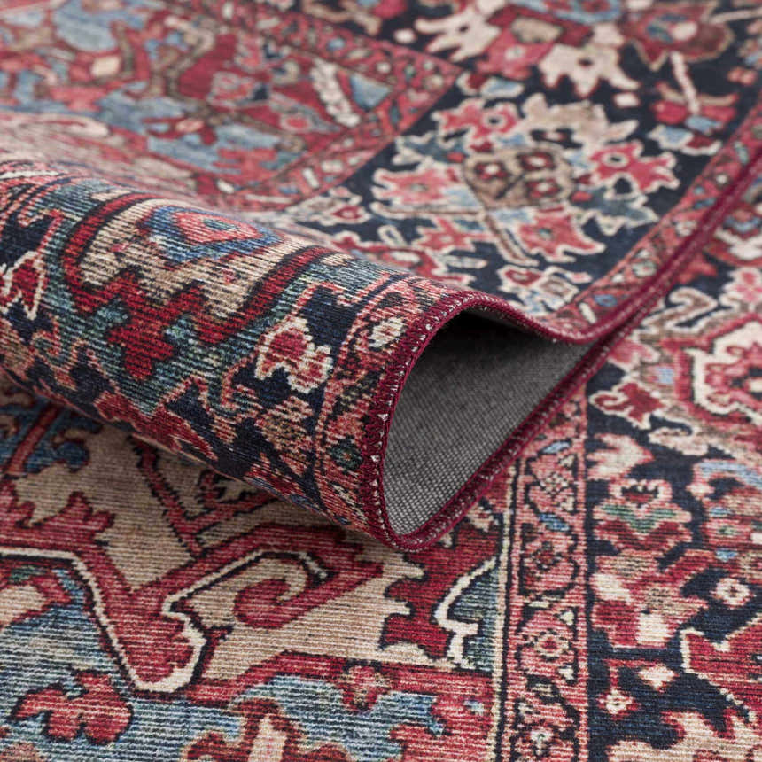 Close-up of the Neyland Area Rug, showing its traditional design, beige, red, and blue colors, and machine-woven texture. Fold