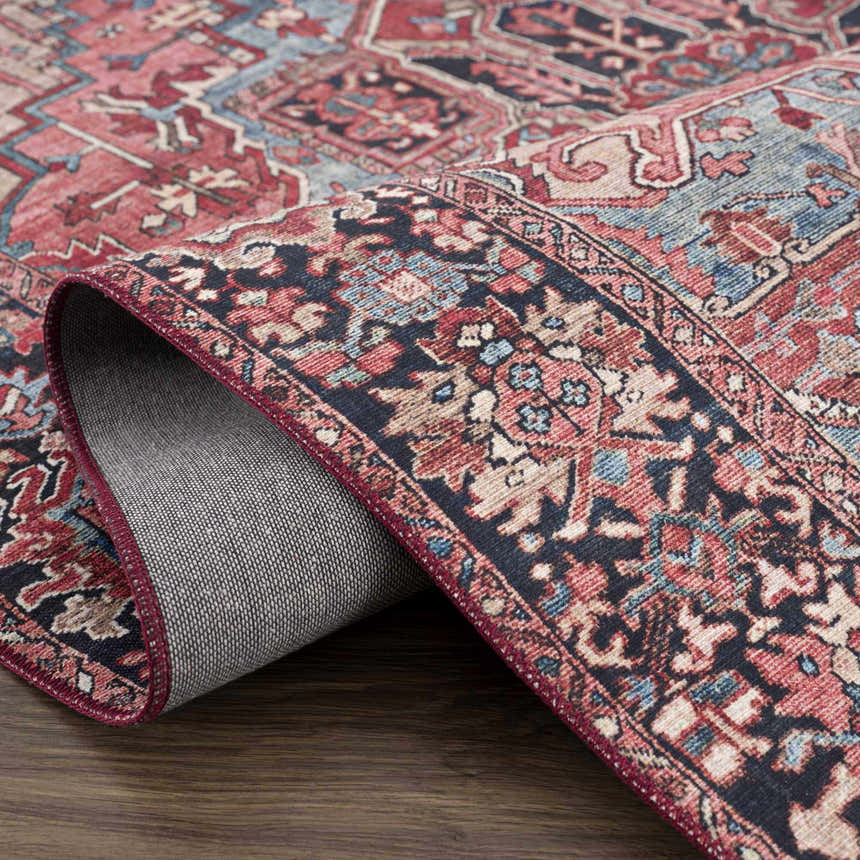 Close-up of the Neyland Area Rug showing its traditional red, beige, and blue Oriental pattern and machine-woven construction. Fold
