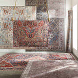 Showroom display of Selbyville Area Rugs in brick red, blue, and beige with traditional, oriental patterns. Styleshot