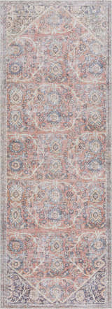 Close-up of the Konstantina Washable Area Rug. Features a vintage Persian design in peach, beige, and navy. Machine printed texture. Design-Runner-2773