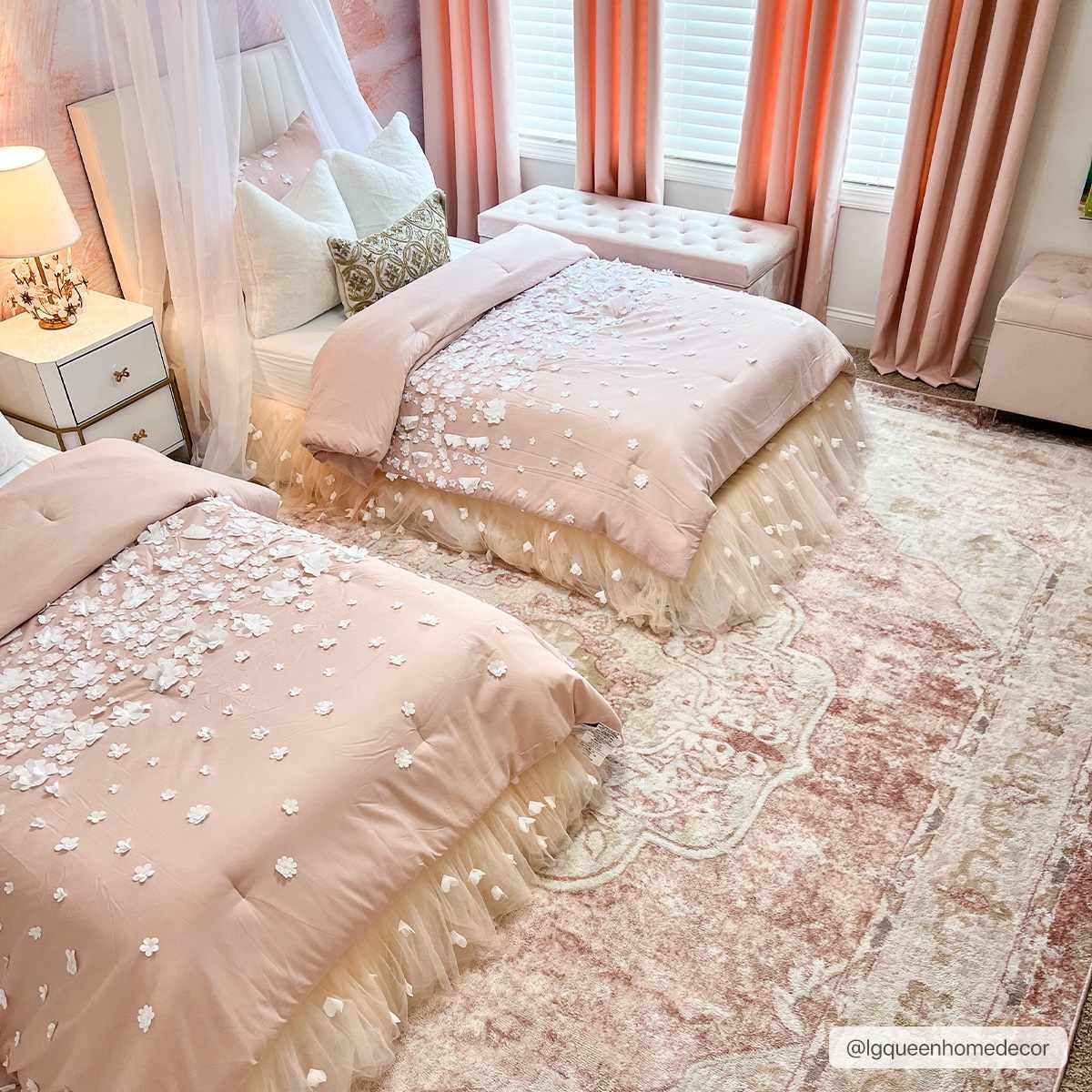 Pink kids bedroom with two beds on a Kandos Blush & Light Pink Area Rug. Roomscene-Rectangle
