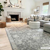 Living room scene with gray sectional sofa and Kanimbla Thick Luxe Avant Garde Rug in beige, blue, and gray tones. Roomscene-Rectangle